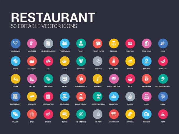 50 restaurant set pictogrammen zoals vlees, minibar, servetten, Nachtkastje, geen huisdieren, niet roken, olijven, onigiri, open. eenvoudige moderne geïsoleerde vector pictogrammen kunnen worden gebruikt voor mobiele web - Vector, afbeelding