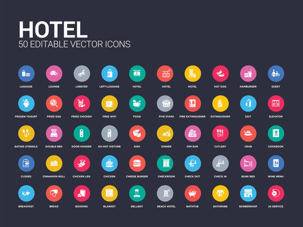 50 hotel ikony takie jak 24 usługi, fryzjera, szlafrok, wanna, beach hotel, Boya hotelowego, koc, rezerwacja, chleb. ikony proste wektor na białym tle nowoczesny może być użyty dla internetu mobilnego - Wektor, obraz