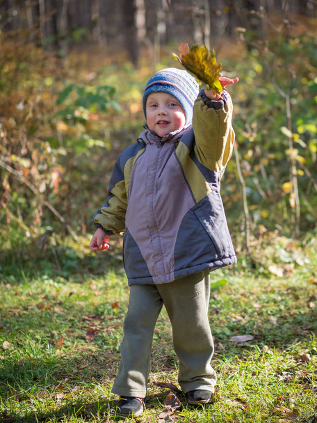 A little boy throws leaves in autumn park - Фото, зображення