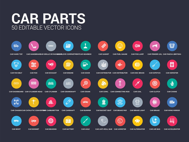 50 car parts set icons such as car accelerator, car air bag, alternator, ammeter, anti-roll bar, axle, battery, bearing, bonnet. simple modern isolated vector icons can be use for web mobile - Vector, Image