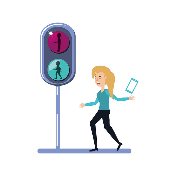 mulher com smartphone e semáforo
 - Vetor, Imagem