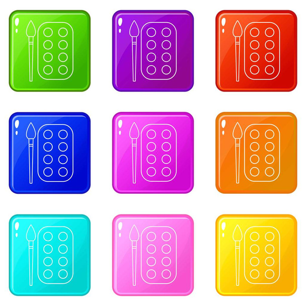 Paint brush palette icons set 9 color collection - Vector, imagen