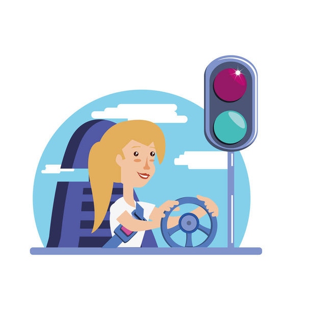 woman driving cart with traffic light - Vector, Image