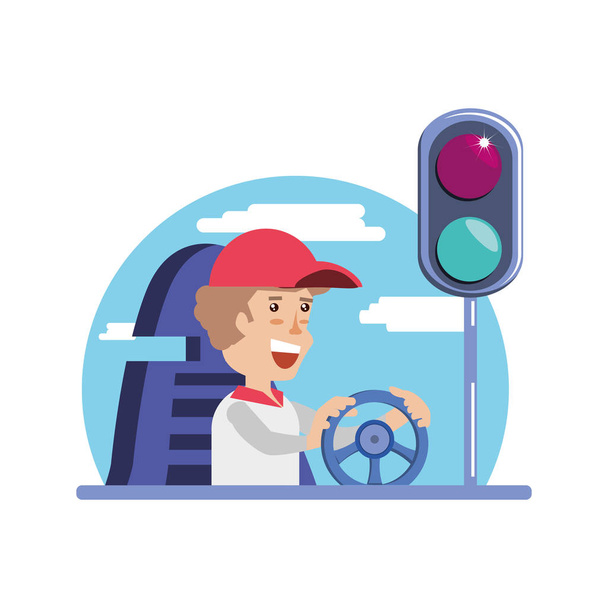 man driving cart with traffic light - Vector, Image