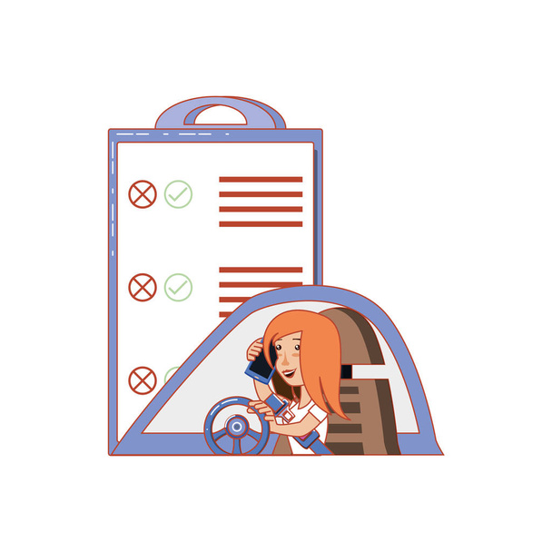 женщина за рулем тележки с светофором и контрольным списком
 - Вектор,изображение