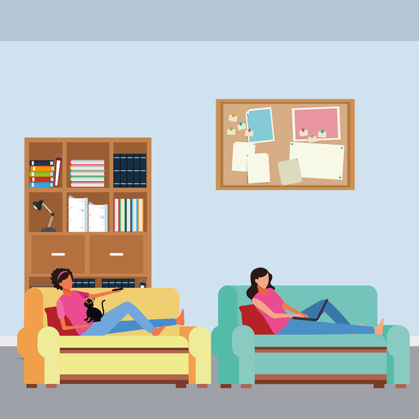 Gesichtslose Frauen entspannen Wohnzimmer - Vektor, Bild