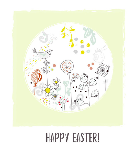 Поздравительная открытка на Пасху с цветами и птицей, винтажный дизайн. Векторная графика
 - Вектор,изображение
