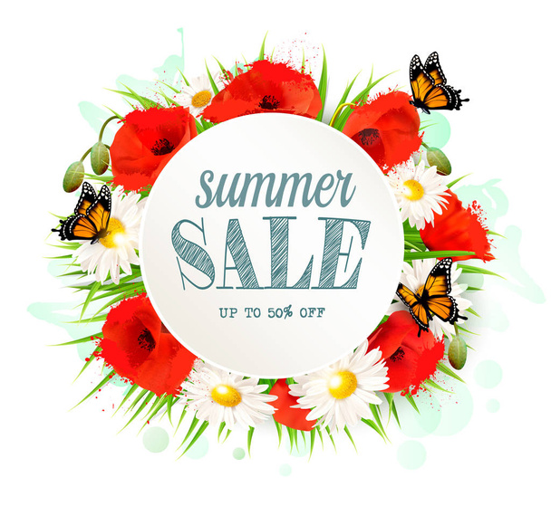 Summer sale background with poppies, daisies and butterflies. Ve - Vector, Image