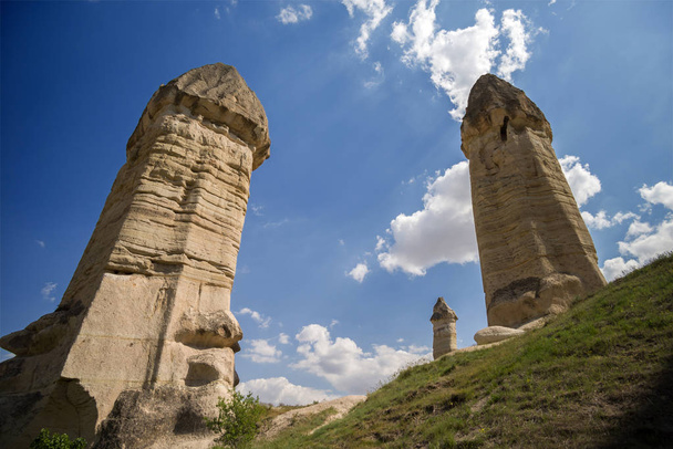 Amazing sandstone formations in Cappadocia, Turkey. View in sunny weather. - Photo, Image