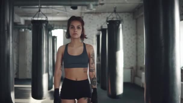 closeup portrait of a boxer girl. attractive kickboxing woman goes against the background of boxing bags - Footage, Video