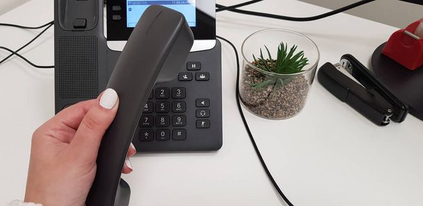 femme portant vernis à ongles blanc tient combiné noir dans la main gauche sur le téléphone de bureau près d'une agrafeuse et petite plante succulente verte sur table blanche
 - Photo, image