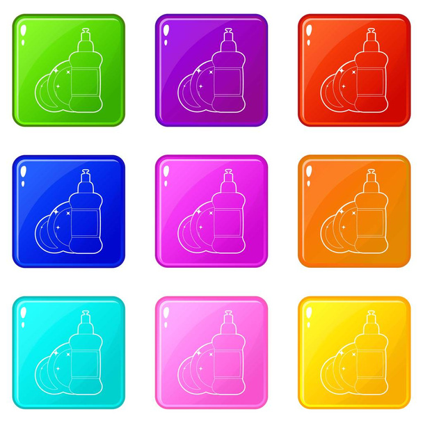 Dischwashing liquid icons set 9 color collection - Vector, imagen