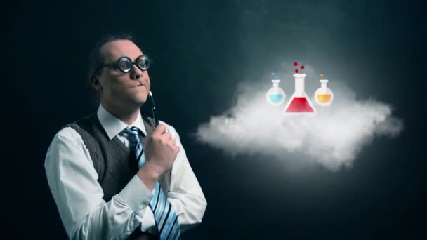 nerd engraçado ou nerd olhando para nuvem voadora com ícone de química rotativa
 - Filmagem, Vídeo