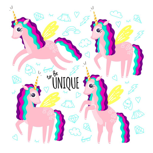 Conjunto de hermosos unicornios lindos e inscripción para ser único
 - Vector, Imagen