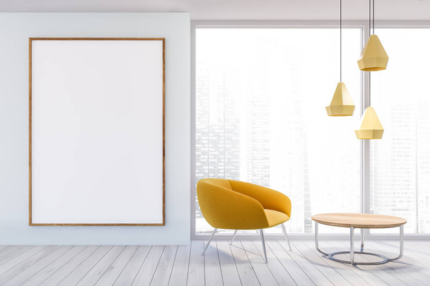Panoramic living room, yellow armchair and poster - Fotoğraf, Görsel