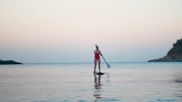 Nainen punaisessa uimapuvussa SUP: llä seistä mela aluksella lahdella auringonlaskun aikaan
 - Materiaali, video