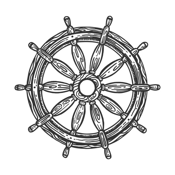 Ship steering wheel sketch engraving vector illustration. Scratch board style imitation. Hand drawn image. - Wektor, obraz