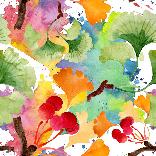 Ginkgo biloba grüne und gelbe Blätter. Aquarell Hintergrundillustration Set. nahtloses Hintergrundmuster. - Foto, Bild