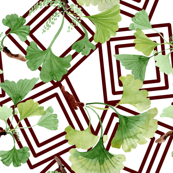 Ginkgo biloba green leaves. Watercolor background illustration set. Seamless background pattern. - Foto, immagini