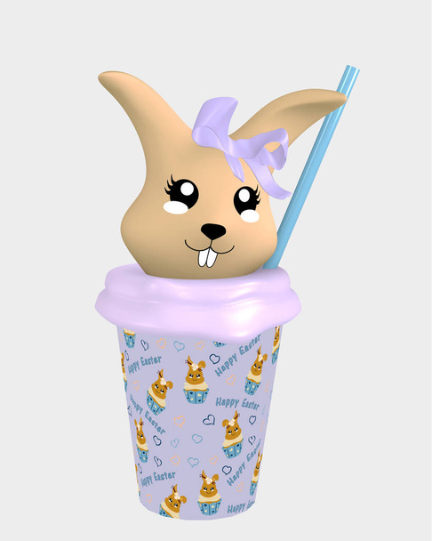 cute 3d kawaii bunny in milkshake isolated on white.  - Photo, Image