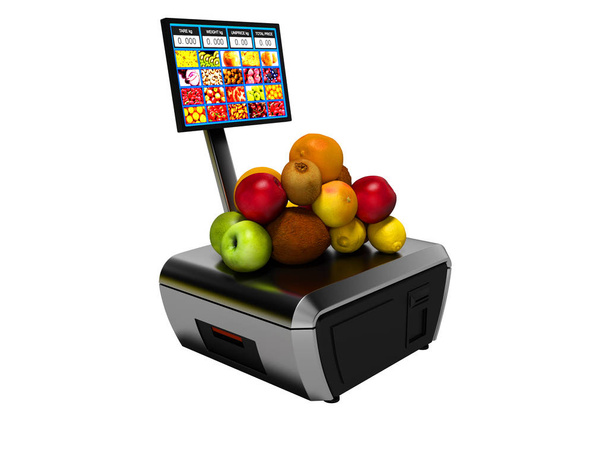 Harmaa kassanhoitaja kanssa cashback monitori ostaa hedelmiä vasemmalla puolella 3d
 - Valokuva, kuva