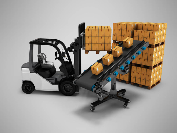 Modern unloading of goods by forklift in paper boxes 3d render o - Photo, Image