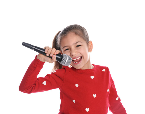 Cute funny girl with microphone on white background - Photo, Image