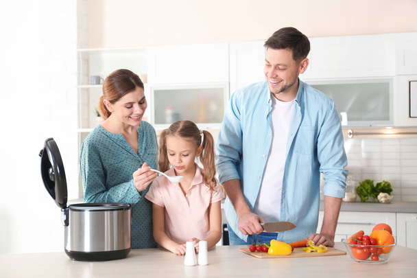 Família feliz preparando comida com fogão multi moderno na cozinha
 - Foto, Imagem