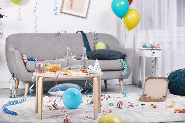 Messy living room interior. After party chaos - Фото, изображение