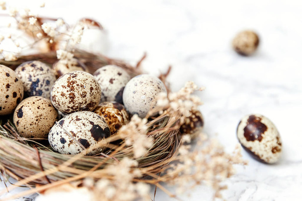 Pasen decoratie met ei in nesten en katoen op witte marmeren achtergrond - Foto, afbeelding