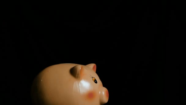 vijftig euro rekeningen wegvalt over piggy bank (zwarte achtergrond) - Video