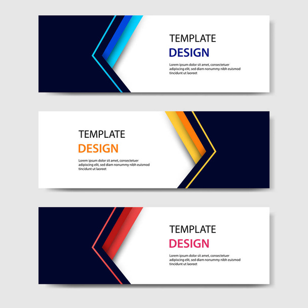 Banderas corporativas de negocios horizontales con estilo de corte de papel abstracto 3D. Diseño de vectores para web, banner, encabezado, volantes de impresión. Arte tallado colorido, azul, naranja, rojo en fondo blanco
 - Vector, Imagen
