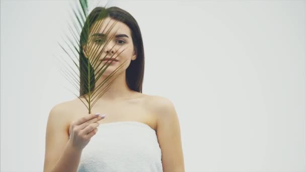 Portrait of beautiful young woman with natural makeup and tropical leaf on white background. - Záběry, video