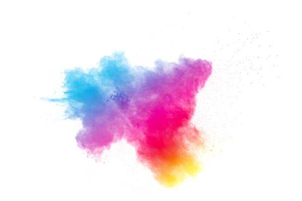 Abstraktní barvy práškové exploze na bílém pozadí. Zmrazit pohyb prachu Splash. Malované Holi Festival. - Fotografie, Obrázek