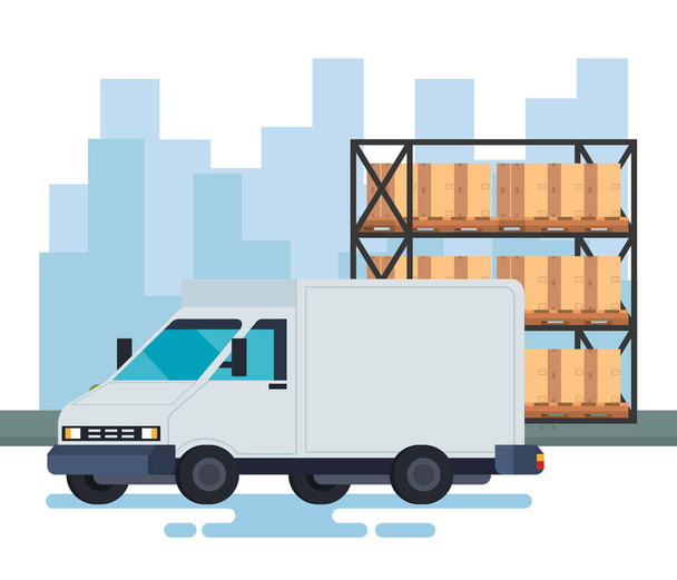 delivery service van vehicle in warehouse - Vector, Image