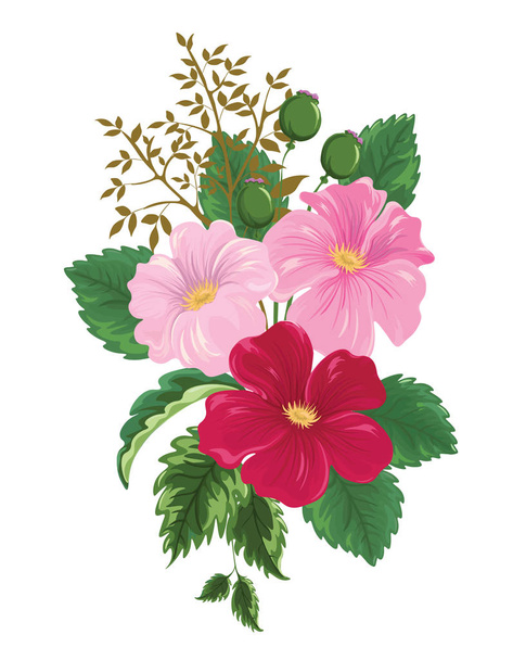 Ramo con tres flores rosadas florecientes y una ramita de brotes
. - Vector, imagen