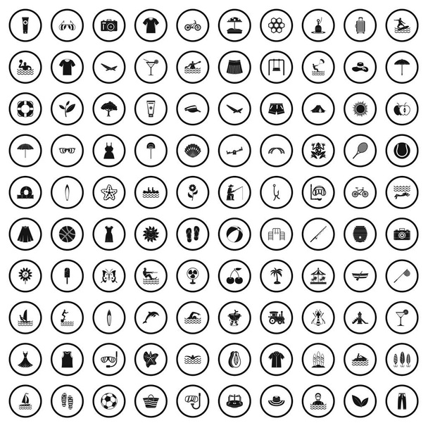 100 zomer pictogrammen instellen in eenvoudige stijl - Vector, afbeelding