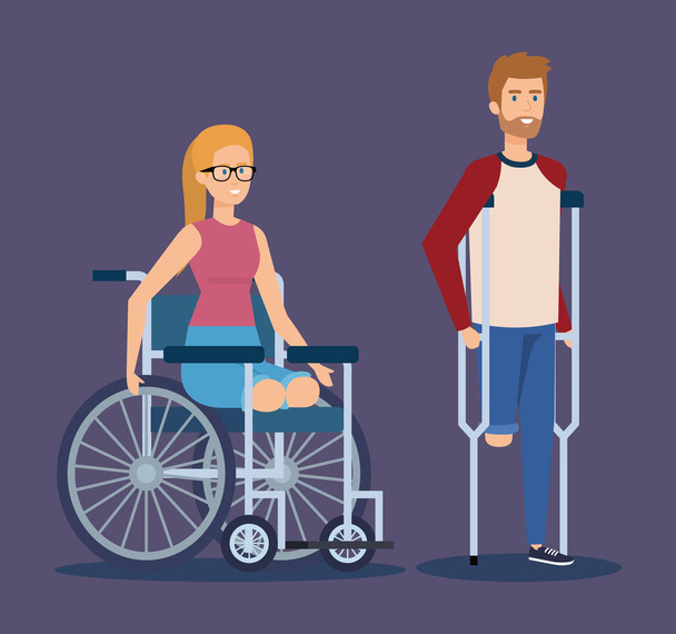 man with crutches and woman sitting in the wheelchair - Vector, Image