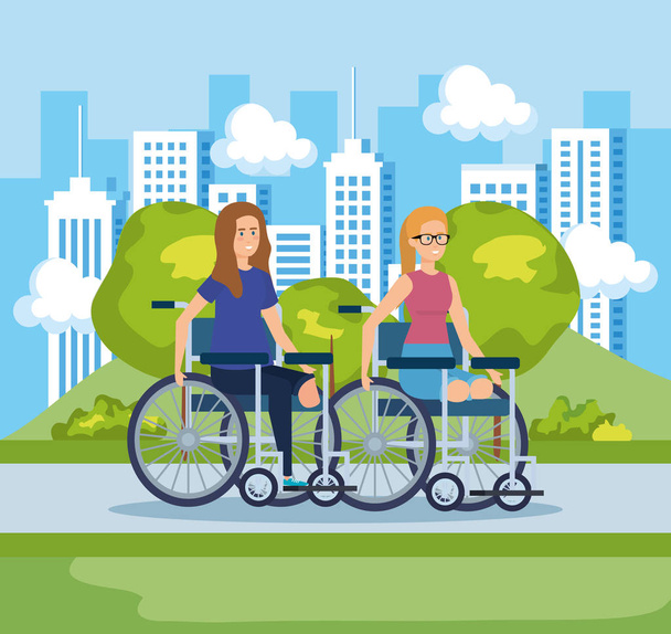 mujeres sentadas en silla de ruedas sin piernas y paisaje urbano
 - Vector, Imagen
