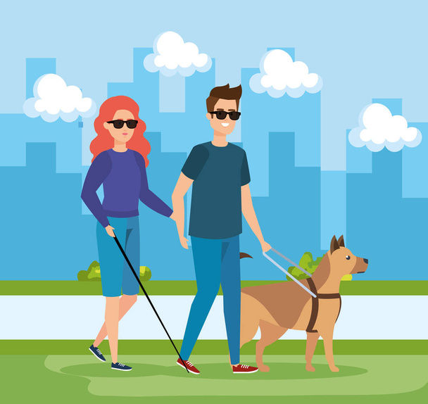 mujer y hombre ciego usando gafas de sol y perro
 - Vector, Imagen
