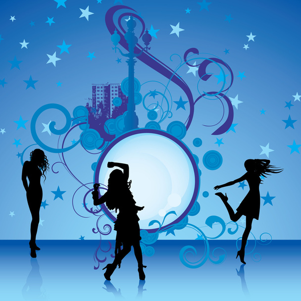 Танцующие девушки на синем фоне
 - Вектор,изображение