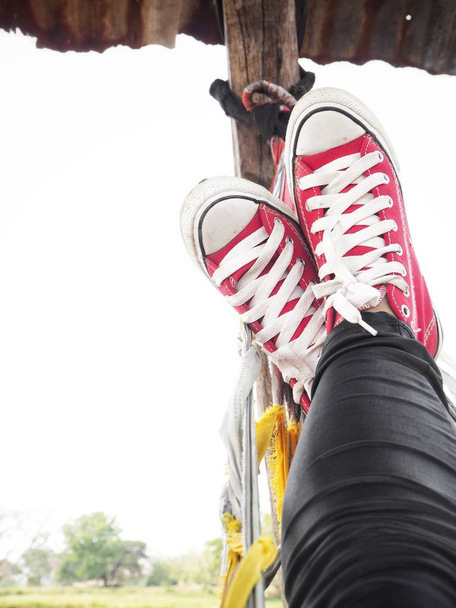 Selfie of red sneakers lifestyle so cool - Photo, Image