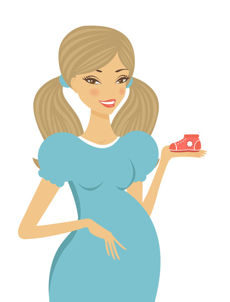 Beautiful pregnant woman holding baby shoe - Vector, Image