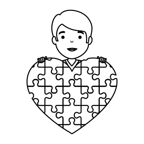young boy with heart puzzle attached - Vector, Image
