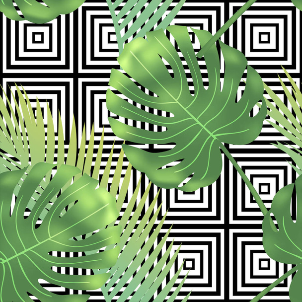 Beautiful tropical abstract color and green palm leaves seamless vector pattern on a background of geometric diagonal black and white lines - Vektör, Görsel