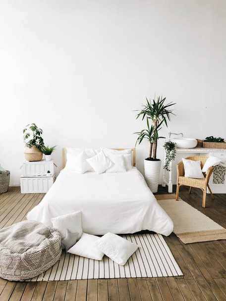 white bed in boho style - Φωτογραφία, εικόνα