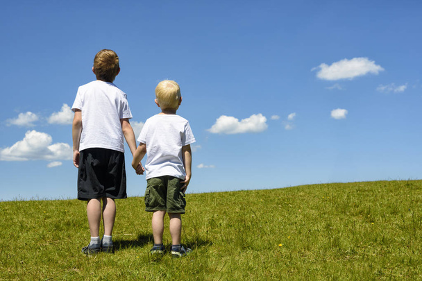 Dois irmãozinhos estão de mãos dadas num campo verde contra um céu azul e nuvens. Fraternidade e amizade
 - Foto, Imagem
