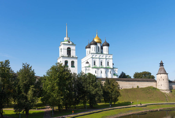Panoramic view of Pskov Kremlin on the Velikaya river. Ancient fortress. The Trinity Cathedral in summer. Pskov. Russia - Фото, изображение
