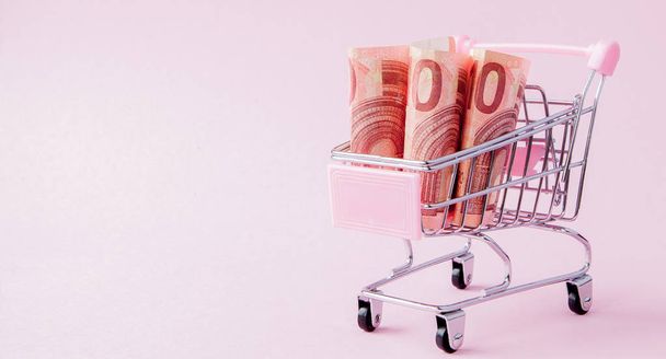 Supermarket Cart Full of Euro banknotes on a pink background with Copy Space. Free trade. money market. Minimalism style. Shop trolley at supermarket. Sale, discount - Zdjęcie, obraz