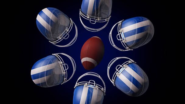 Abstrakti animaatio rugby pallo ja sininen ja valkoinen helmat pyörivät ja tehdä ympyrän, eristetty mustalla pohjalla. Rugby laitteet, nahkapallo amerikkalaisen jalkapallon pyörivät helmat
. - Valokuva, kuva